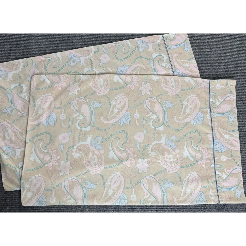 Vintage Standard Pillowcases Pair Pastel Paisley Tan Pink Blue Retro Boho Hippie